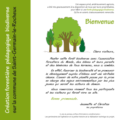Face recto du premier panneau de la signalétique pédagogique de la création forestière biodiverse de Saint Germain le Rocheux. Lundi 21 mars 2016.