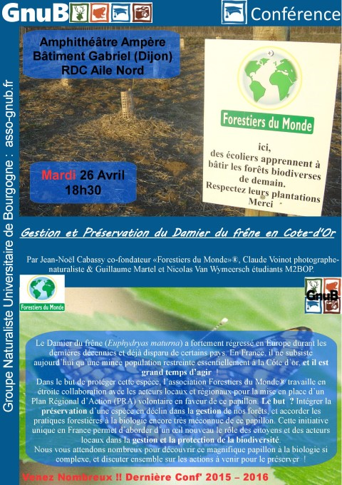 Affiche de la conférence organisée par le GNUB et Forestiers du Monde® le mardi 26 avril 2016 à l'Université de Bourgogne à Dijon.
