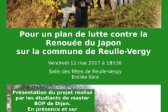 Affiche de la soirée conférence organisée le 12 mai 2017 au sein de la salle des fêtes de Reulle vergy afin de présenter le plan communal de lutte contre la Renouée du Japon élaboré par les étudiants de l'Université de Bourgogne.